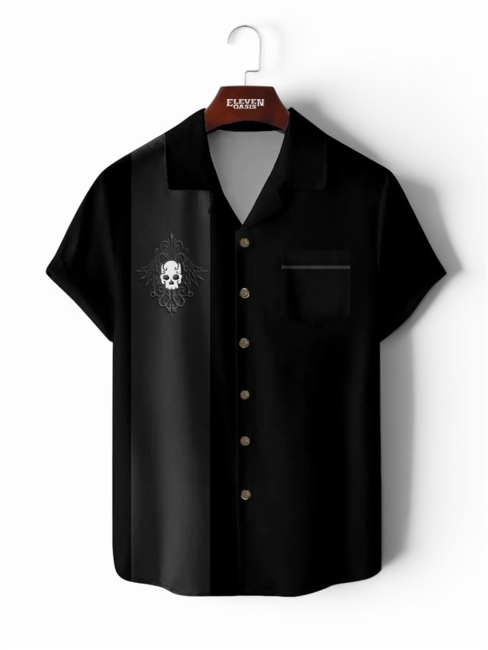 Eleven Oasis Black Short-Sleeve Button-Down Shirt with Skull NWT